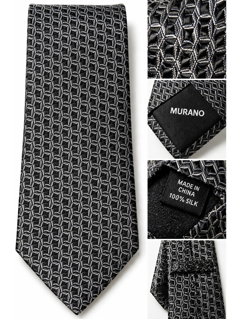 Murano 100% Silk Tie Black Silver Geometric Cube Pattern Classic Necktie Mens